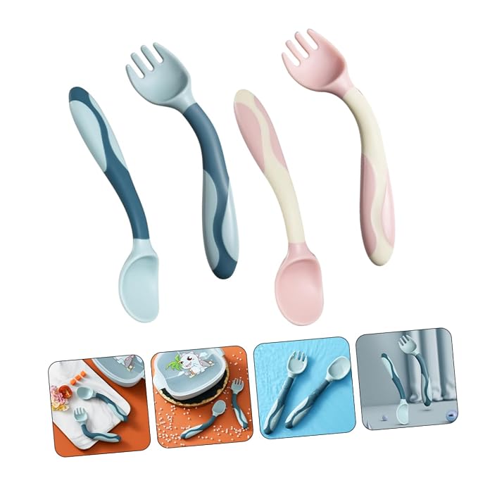 PRETYZOOM 2 Sets Silicone Fork and Spoon Utensils with Flexible Soft Tips Non Slip Handles Weaning Cutlery for Safe and Portable Feeding Tools