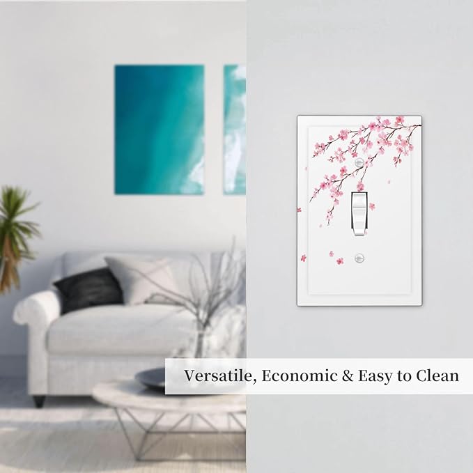 Watercolor Cherry Blossoms Flowers Pink Floral Decorative Light Switch Cover 1 Gang Single Toggle Device Electrical Faceplate Switchplates Decorator Outlet Wall Plate for Bedroom Living Room Decor