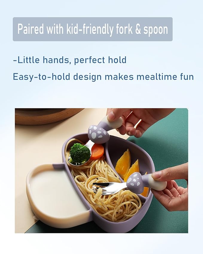 4-Piece Silicone Baby Feeding Set ??Baby Plates with Strong Suction, Toddler Plates Set, Unbreakable Food-Grade Silicone Divided Plate with Spoon, Fork & Straw Brush