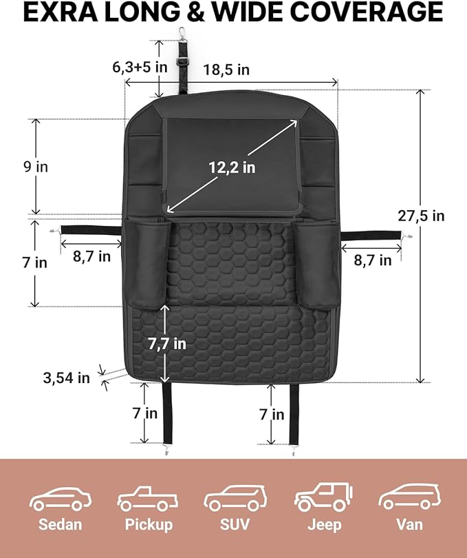 Owleys 2-in-1 Car Interior Set - Brown Eco Leather Seat Protector with Kick Guard + Kids Back Organizer with Tablet Pocket - Family Travel Gift
