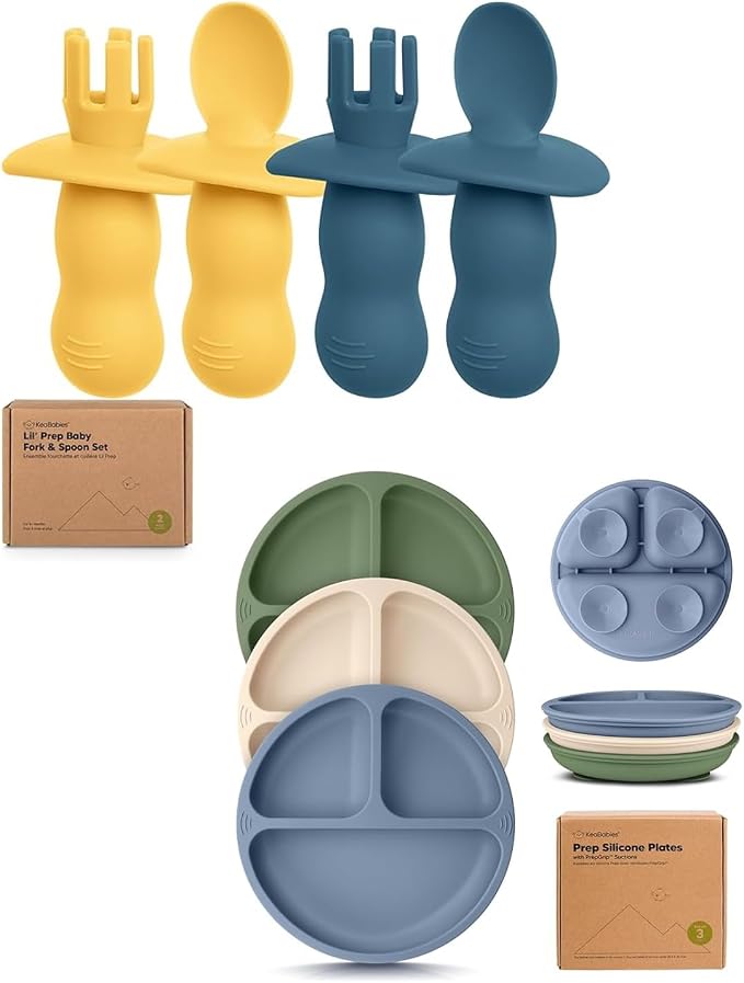 Keababies 4-Pack Silicone Baby Spoons and Forks Set and Suction Plates for Baby, Toddler - Baby Spoon Self Feeding, BLW Baby Utensils - 3-Pack 100% Silicone Divided Baby Plates with Suction