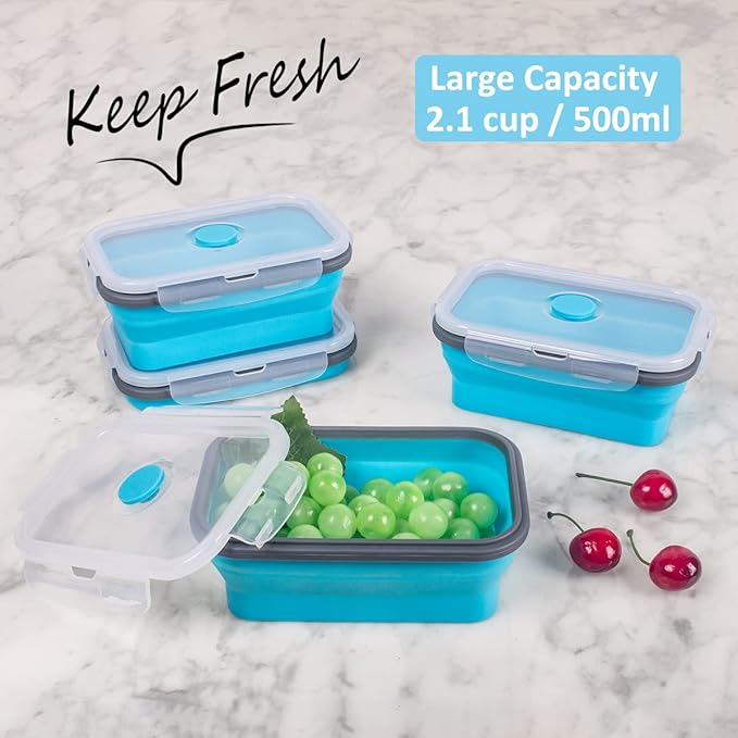 Collapsible Food Storage Containers with Airtight Lid & Air Vent, 16.9 oz, Kitchen Stacking Silicone Collapsible Meal Prep Container Set for Leftover, Microwave Freezer Dishwasher Safe, Blue, Set of 4