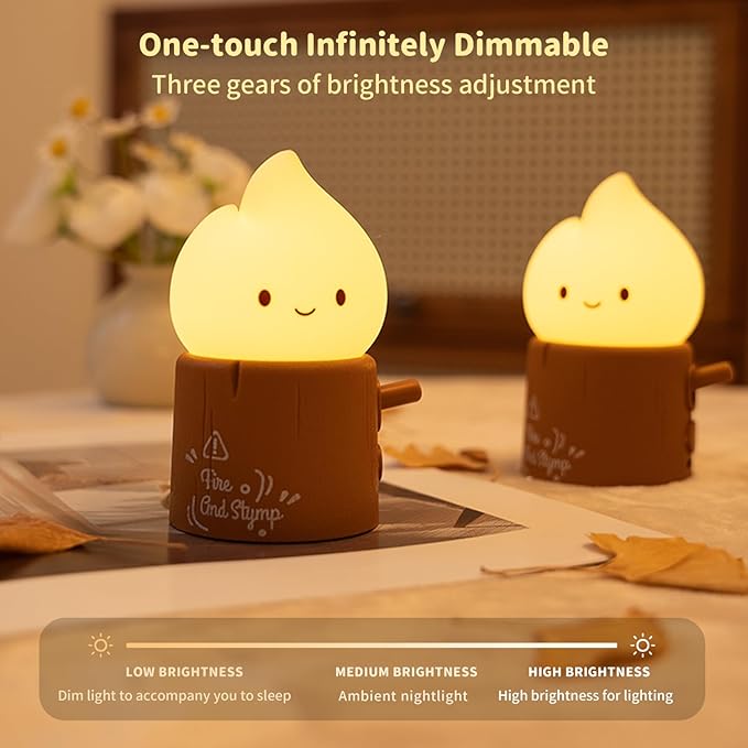 Led Cute Stump Fire Night Light, Dimmable Nursery Kawaii Lamps, Super Squishy Silicone USB Rechargeable Timer Night Lamp for Kids Adults, Used for Camping Party Room Decor (Stump Fire)
