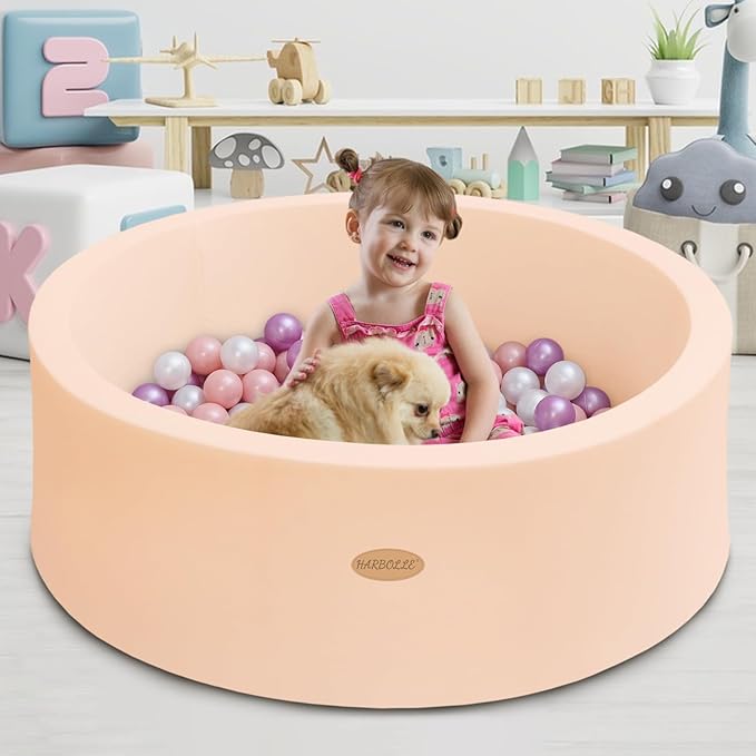 HARBOLLE Baby Ball Pit 35.4" Soft Round Memory Foam Ball Pits NOT Included Balls Indoor Outdoor Playpen for Babies Toddlers Kids Great Gift for Girls Boys, Peach Beige
