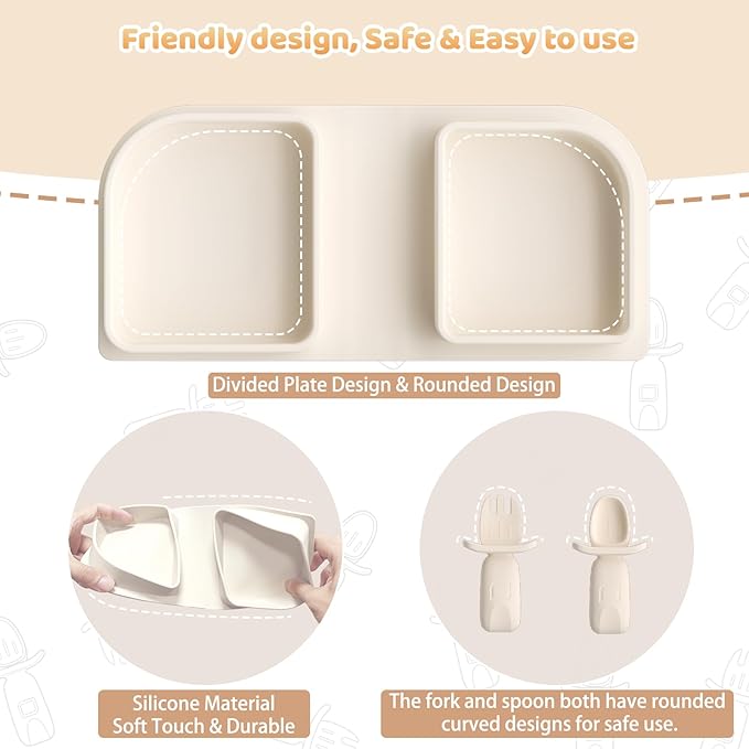Beige Travel Silicone Foldable Feeding Set, On-the-Go Baby Feeding Supplies Including Toddler Plates, Silicone Baby Spoon&Fork, Adjustable Foldable Bib, Portable Infant Toddler Utensils
