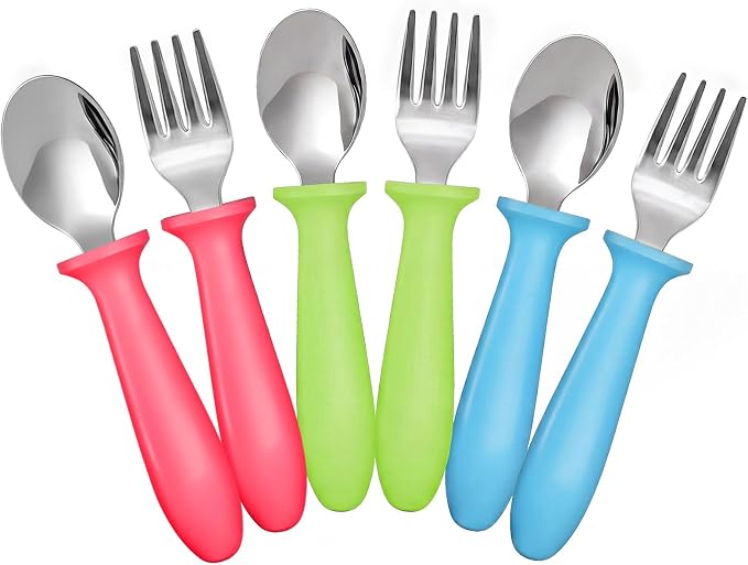 Pimoys 6 Pieces Toddler Utensils Forks and Spoons Kids Silverware Set Stainless Steel Toddler Silverware - Plastic Handle for Self-Feeding Training Daily Meals and Travel Use Dishwasher Safe