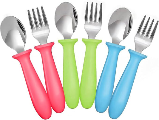 Pimoys 6 Pieces Toddler Utensils Forks and Spoons Kids Silverware Set Stainless Steel Toddler Silverware - Plastic Handle for Self-Feeding Training Daily Meals and Travel Use Dishwasher Safe