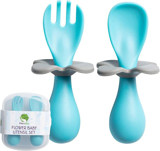 Mars Baby Flower Design Baby and Toddler Self-Feeding Training Utensils - Easy to Hold and Use Led Weaning, Protective Choke Barrier - Blue