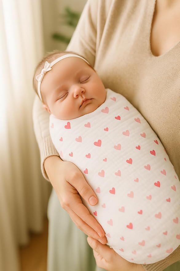 Soft 100% Cotton Swaddles for Newborns, 2- Pack - Large, Breathable Baby Blanket - Versatile, Durable Muslin Swaddle Blankets - Perfect Newborn Essentials (Hearts/Pink)