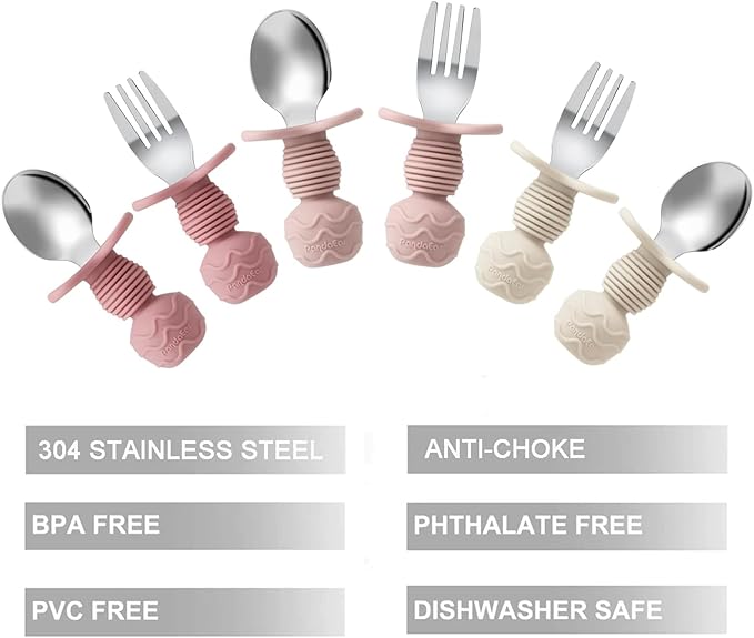 PandaEar 6 Pack Stainless Steel Toddler Spoons and Fork Feeding Set - Anti-Choke First Self Feeding Utensils for Kids Baby Girls Led Weaning Ages 18 Months+ (Pink/Beige)