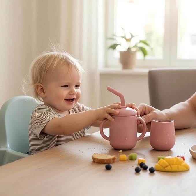Silicone Training Cups - Drinking Training Straw Cup & Open Weaning Cup for Babies 6-12+ Months, Food-Grade BPA-Free Baby Led Weaning Drinking Set(Rose) (Rose)
