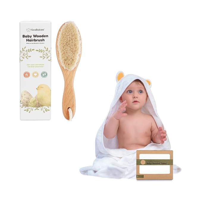 KeaBabies Baby Hair Brush and Baby Hooded Towel Bundle - Baby Brush with Soft Goat Bristles (Walnut, Oval) -Large 35X35 Baby Towels (Bear)