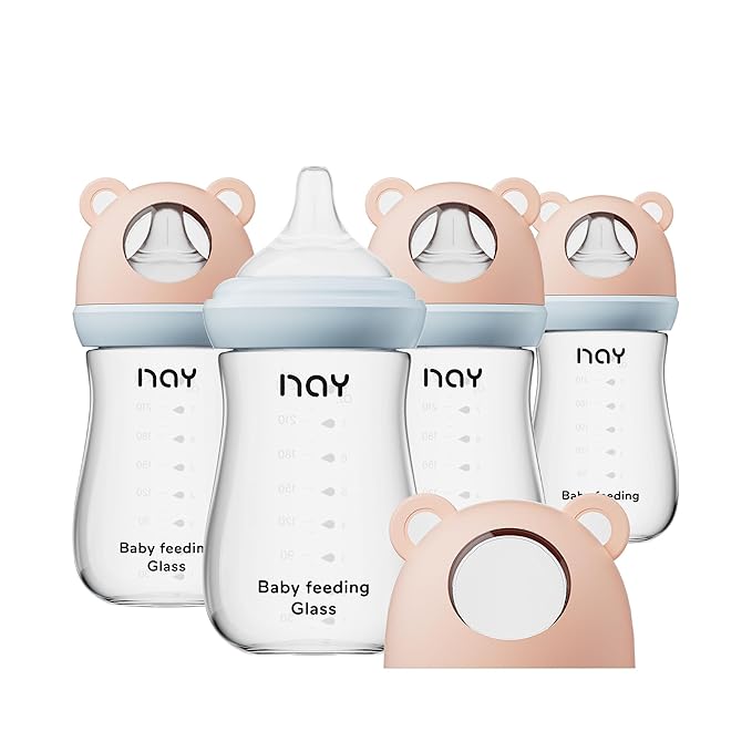 yanyoyo Natural Glass Baby Bottle for Breastfeeding Babies, 8oz Anti-Colic Baby Bottle with Natural Response Nipple(M), Clear, Wide Neck, 4 Pack, 3 Months+