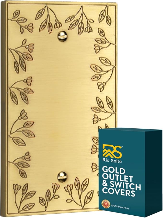 Rio Salto Metal Floral Decorative Wall Plate Blank Light Switch Cover Plate Outlet Covers Flower Wall Plates for Unused Outlets Child Toddler Baby Safe Device Safety Brushed Brass, 1-Gang Blank