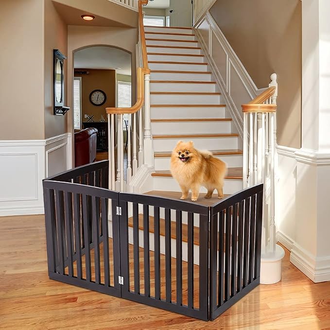 ZENY Freestanding Pet Gate for Dogs - 4 Panels Indoor Foldable Dog Fence for Stairs, Hallways, or Doorways - 82x24-Inch Freestanding Dog Gates, Brown