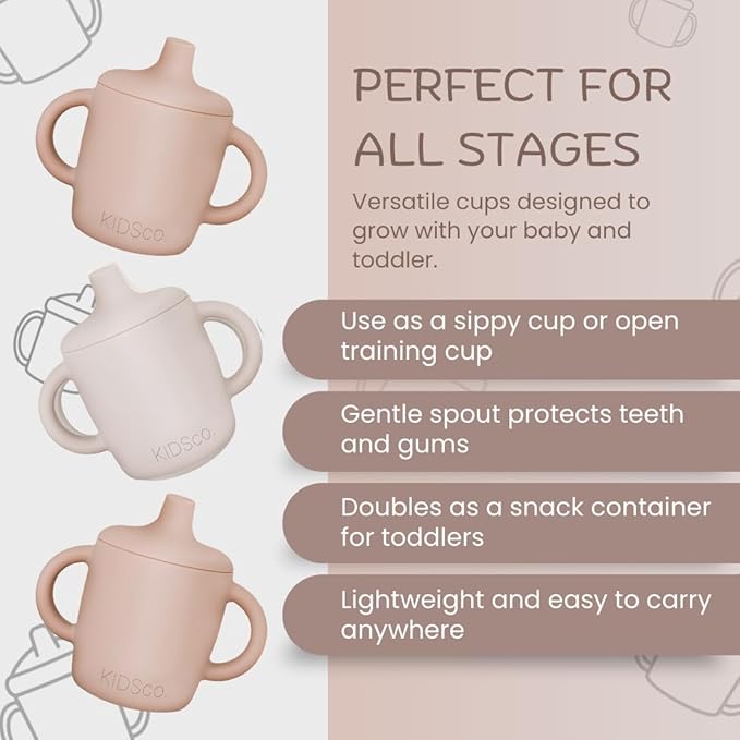 KIDSco. Silicone Sippy Cups (2 Pack) ??Soft Spout & Easy Grip Handles for Babies 6+ months, Plastic Free, Toxic Free Silicone, Leak-Resistant, Dishwasher Safe (Pink and Sandy Shore)