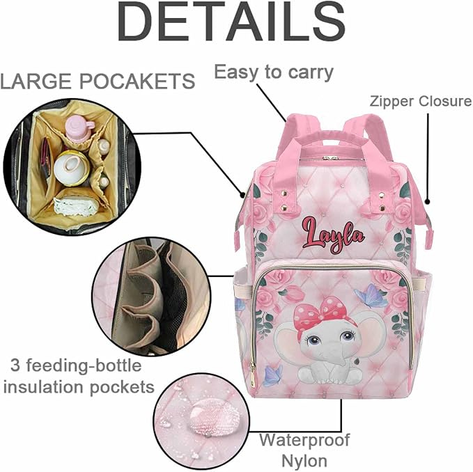 M YESCUSTOM Custom Bags with Name Personalized Pink Flower Diaper Bag Backpack Customized Waterproof Large Capacity Travel Daypack