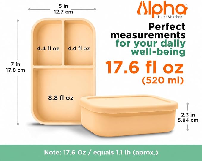 Silicone Bento Box for Kids, 3 Compartment Lunch Box, Small Portions, BPA Free Snack Container, Leak Resistant, Easy to Clean, Dishwasher Safe