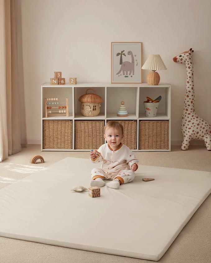 Blissful Diary Vegan Leather Baby Play Mat, 71x59 Thicken Foam Cushioned & Waterproof Playpen Mat for Infants and Toddlers, Stylish and Just Wipe-Clean Playmat for Baby Play on Floor, Beige