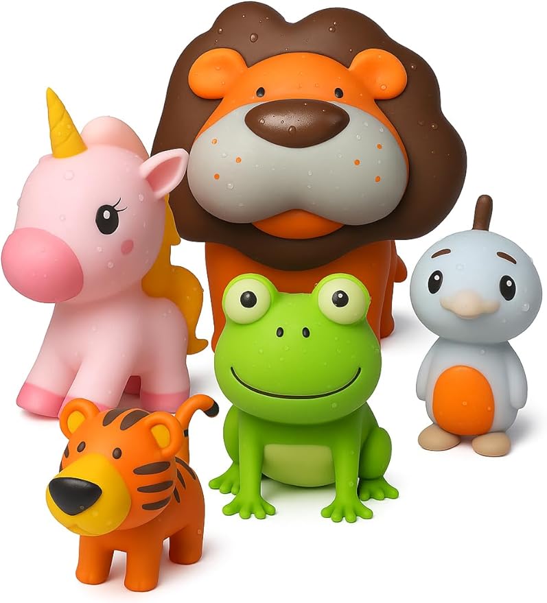 SplashEZ Animal Bath Toys | Mold Free Bath Toys for Kids & Toddlers with No Hole for Water | Lion & Friends Ideal Size for Little Hands | Safe, Durable for Baby Tub Pool Boys Girls Ages 0 & Up, 5-pack