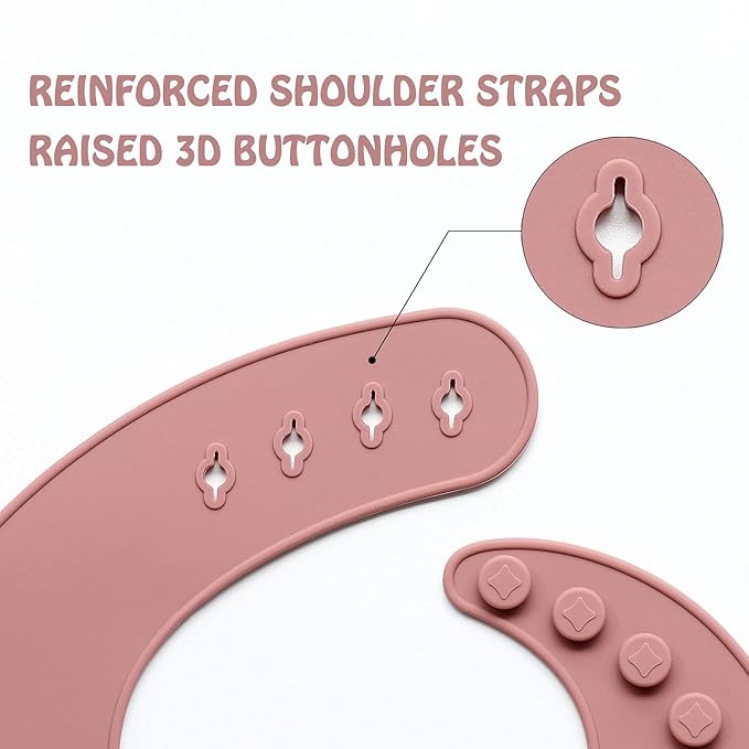 Ginbear Silicone Bibs for Babies Girl, Waterproof Adjustable Silicon Rubber Baby Feeding Bibs with Food Catcher Pocket for Toddlers 6 Months+ (Mauve/Baby Pink)
