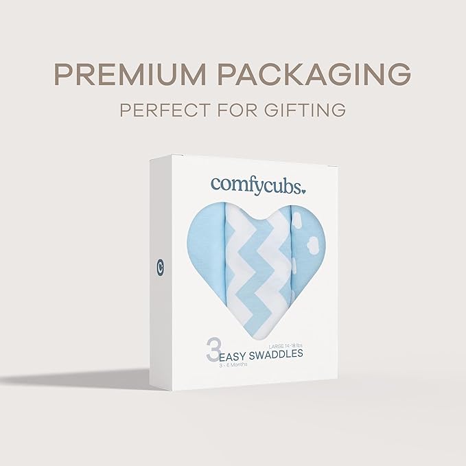 Comfy Cubs Easy Swaddle Blanket, 3 Pack - 100% Cotton Newborn Wrap, Large for 3-6 Months Infants, Breathable and Durable Sleep Sack for Babies - Blue