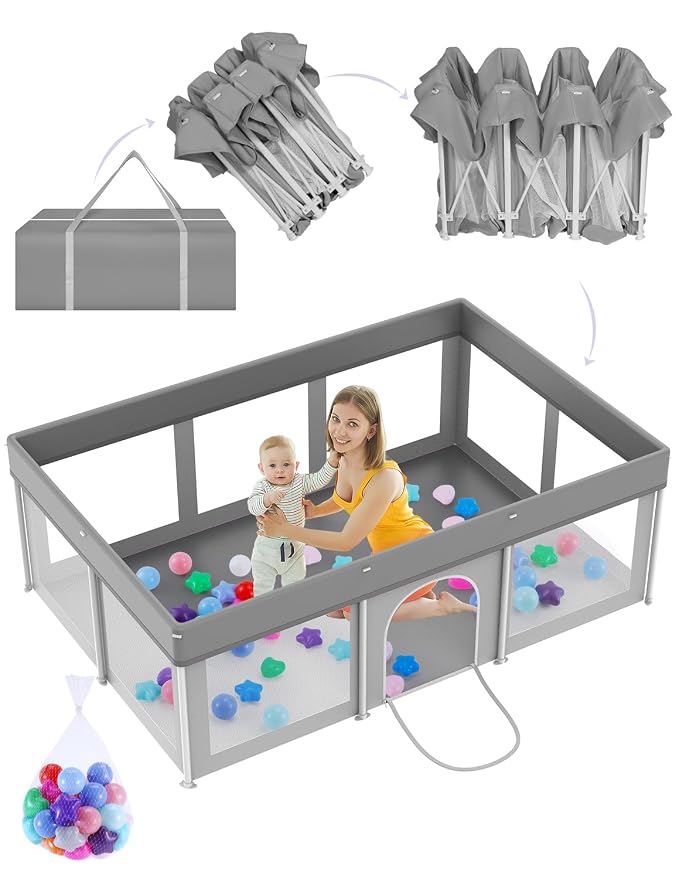 Foldable Large Baby Playpen 50"×71", Playard for Babies and Toddlers, Portable Safety Baby Fence Lightweight,No Installation, Indoor & Outdoor Play Yard with Ocean Balls*100, Grey