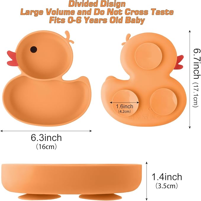 Qshare Powerful Suction Plates for Baby and Toddler,Baby Divided Plate,Thanksgiving Plates with Fork and Spoon,Duck Baby Plate Non-Slip,BPA Free,Microwave & Dishwasher Safe (Orange)