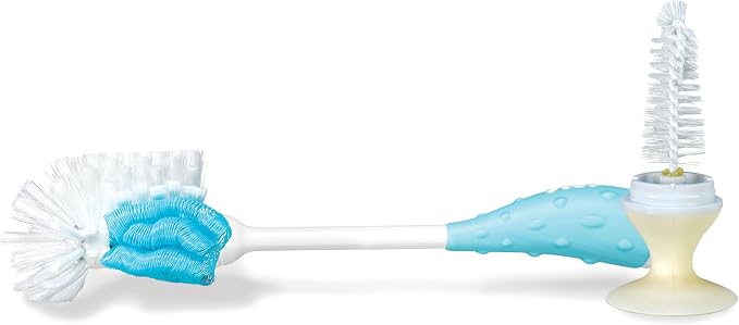 Nuby 2-in-1 Baby Bottle Brush with Stand - Soft Nylon Bristles - Dishwasher Safe - Bottle and Nipple Cleaning Tool - Aqua/White