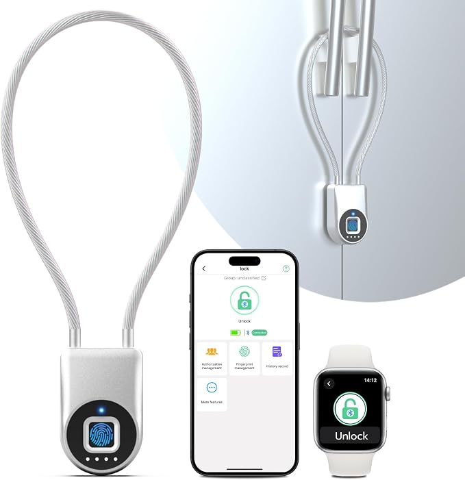 Fingerprint Cable Lock, Fridge Lock Child Proof Cabinet Locks with Bluetooth APP Control, Waterproof Refrigerator Lock French Door, Gate, Kitchen, Freezer, Cabinets and Drawers-Sliver