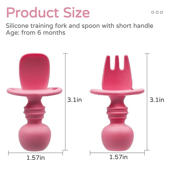 Silikong Silicone Utensils, Baby Fork and Spoon Set, Training Utensils, Baby Led Weaning Stage 1 for Ages 6 Months (Pink)