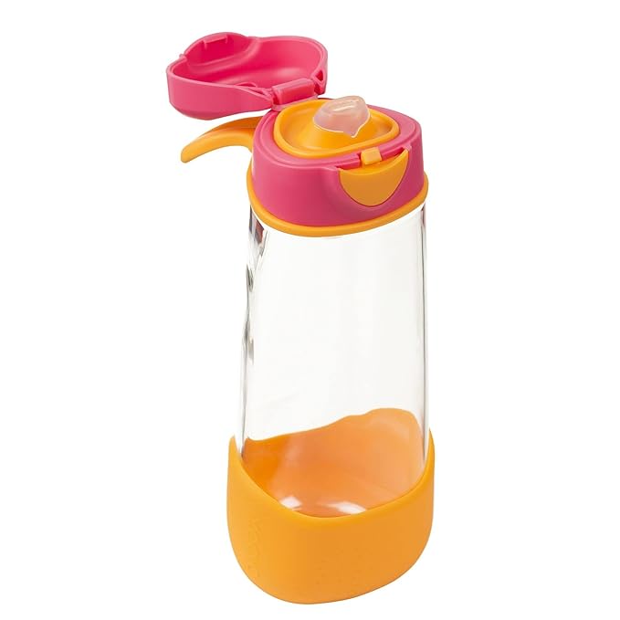 b.box 20oz Sport Spout Kids Water Bottle for School, Sports, Daycare - No-Straw Design for Easy Cleaning - Leakproof - Ergonomic Triangle Grip - Dishwasher Safe, BPA Free, PFAS Free - Strawberry Shake
