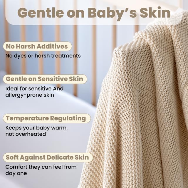 100% Organic Cotton Baby Knitted Blanket with Gift Box - Soft Toddler, Crib, Stroller Blanket - Neutral Swaddle and Receiving Blanket for Newborns, 30"x40", Beige