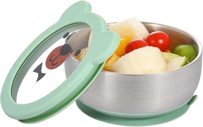 MR. CHOU Baby Bowls with Non-Slip Silicone Suction Cup, Insulated Double-Layer 18/8 Stainless Steel Toddler Bowls with BPA Free Airtight Lids, Food-Grade Silicone Safe for Kids (Green)