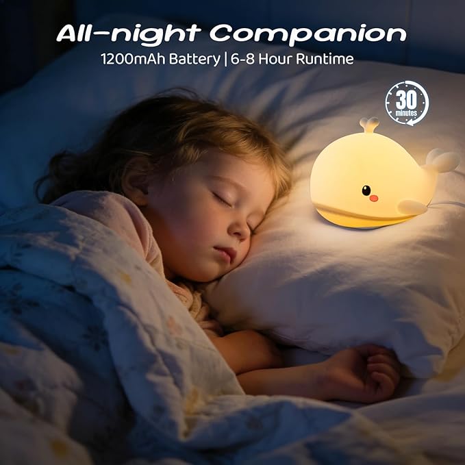 AVEKI Baby Whale Night Light, Soft Silicone Ocean Animal Light for Nursery, 3 Levels Brightness Portable Touch Bedside Lamp, Rechargeable Kid Nightlight Whale Gifts for Ocean Buddies