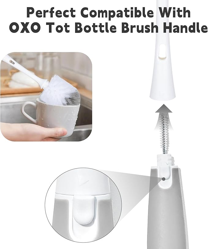 Bottle Brush Replacement Head - Compatible with OXO Bottle Brush. Grayish-White (Pack of 2).