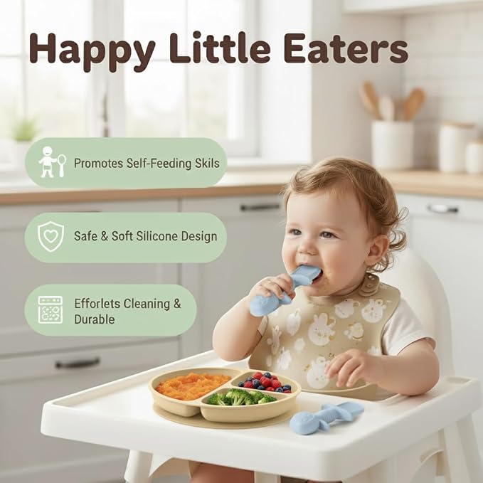 2 PCS Baby Silicone Spoons Infant, Toddler, & Kid Friendly Utensils - First Stage, Baby Led Weaning - 4 Pack Utensil Set (Green + Beige)