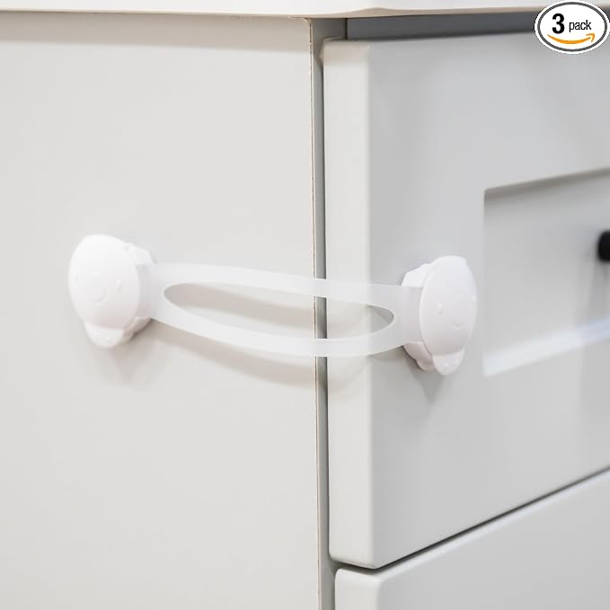 Regalo 3 Pack Child Safety Cabinet Locks, No Drill Adhesive Baby Proofing Latches for Drawers, Fridge and Cabinets, Multi-Purpose 3M Straps, White
