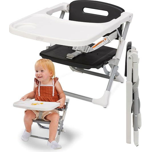 PrimoBaby SproutSeat Booster Seat for Kitchen Chair - Portable Folding Design, Travel Baby Beach Essentials, with 3-Point Safety Harness, Adjustable Tray, Dishwasher Safe Tray, Baby Floor Seat