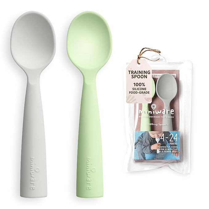 Miniware Silicone Baby Spoon for Training - BPA Free Baby Utensils - Baby Spoons Self Feeding 6 Months | 100% Food Grade Silicone - Modern & Dishwasher Safe Toddler Spoons (Grey & Key Lime)