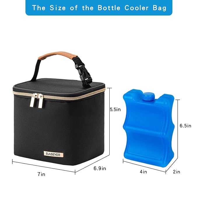 Insulated Bottle Bag with Ice Pack Fits 4 Large Baby Bottles Up to 5 Ounce, Cooler Bag Great for Nursing Mom Daycare-Black
