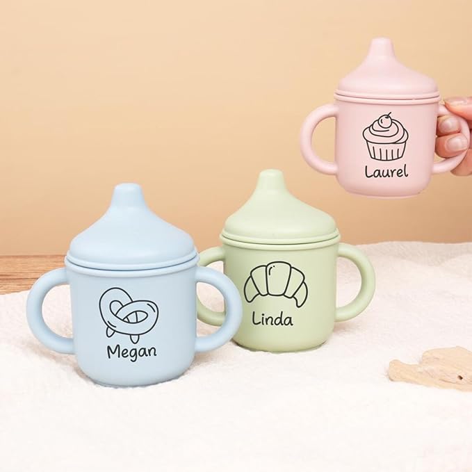 Personalized Baby Sippy Cup with Engraved Name Soft Silicone Training Cup for 6+ Months | Leak Proof, 5oz Toddler Cup with Handle | BPA-free Newborn Gift