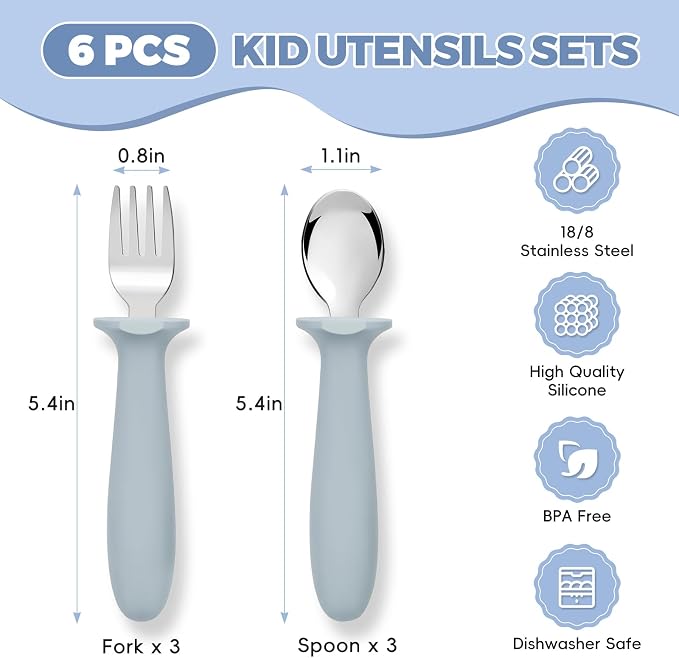 12 PCS Toddler Utensils Kids Silverware Set with Silicone Handle Children Food Grade 18/8 Stainless Steel Toddler Forks and Spoons Safe Anti-Choke Design Mirror Polished Sturdy Durable with 3 Colors