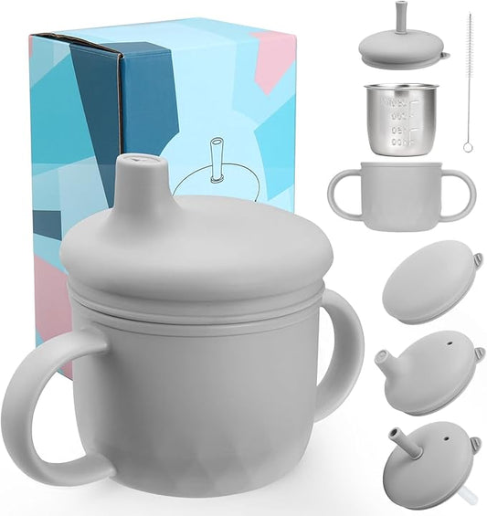 Mity rain 3-In-1 Stainless Steel Sippy Cup for 6+ Month Old, Baby Straw Cups for Toddlers 1-3 with Travel Lid, Silicone Straw, Replacement Straw & Cleaning Brush - 8oz Toddler Cups Spill Proof Set