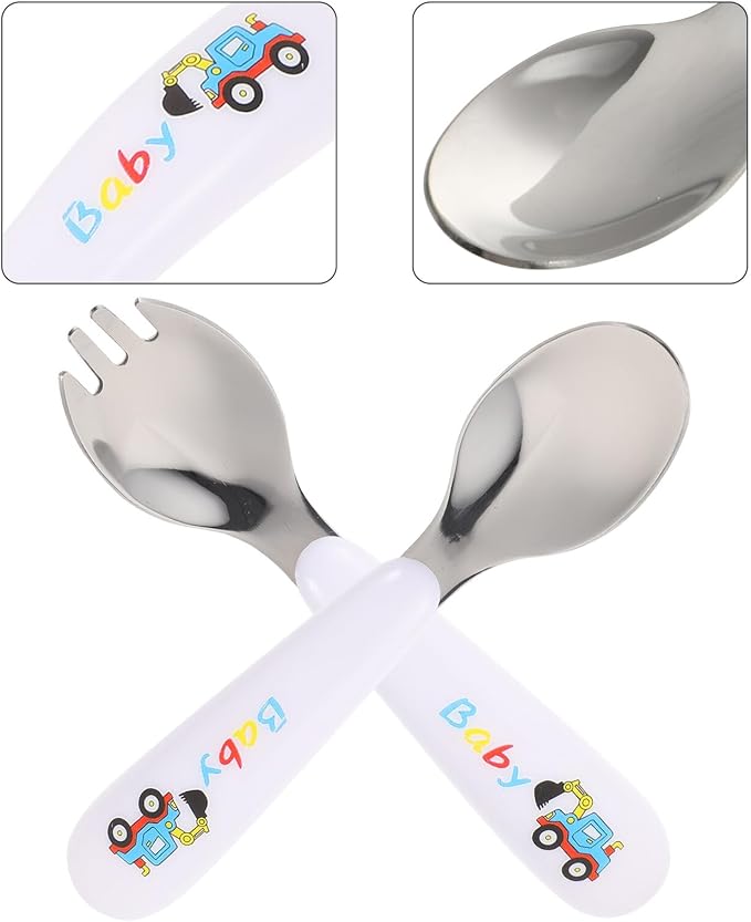 Nonslip Fork and Spoon with Stainless Steel Tableware Safe Rounded Edges for - Includes Portable Storage Box for Newborns and Training