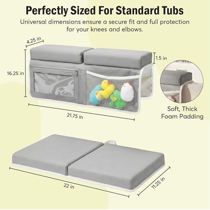 UR Choice Bath Kneeler and Elbow Rest Pad Set, Kneeling Pad for Bathing Baby, Non Slip Foldable Kneeling Mat for Toddler, Bathtub Cushion Foam Kneeler Mat with Toy Organizer Pocket - Grey