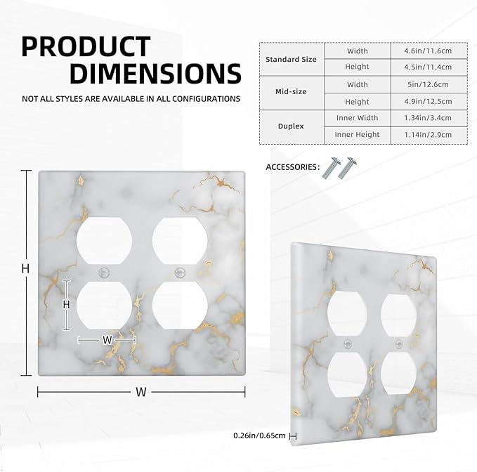 Luxury White And Gold Marble Abstract Modern Outlet Covers 2 Gang Double Duplex Decorative Light Switch Covers Electrical Wallplates Socket Faceplate for Bathroom Kitchen Decor