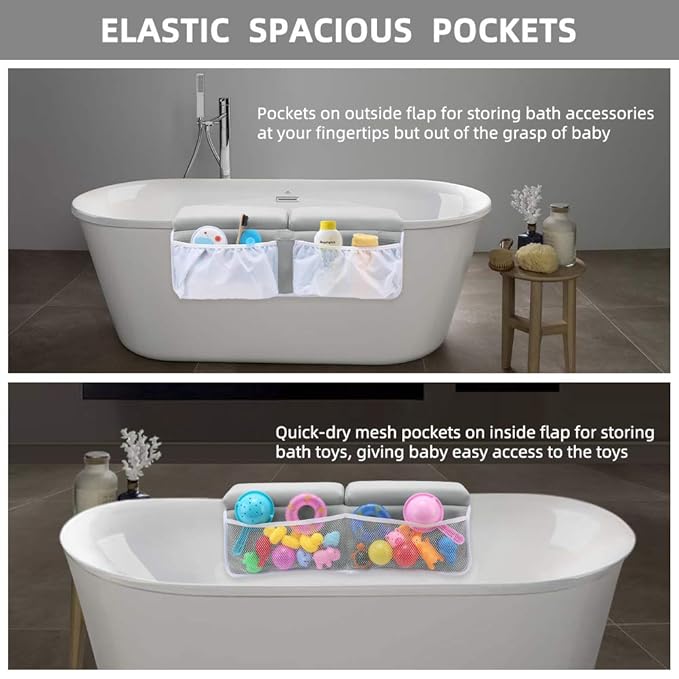 Bath Kneeler and Elbow Rest Pad Set for Baby Bathtub, Thick Non-Slip Bathing Kneeling Mat Cushion Quick Drying Bathtub Knee Saver with Arm Support and Pockets for Bathroom Bathing time Comfort, Gray