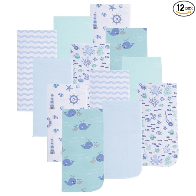 EVERYDAY KIDS 12 Pack Burp Cloths for Baby Boy; Newborn Essential with - Large Absorbent Cotton Flannel Blue/Teal Burping Cloths for Babies with Ocean, Sea Shells, Sailboats and Fish Prints and Solids