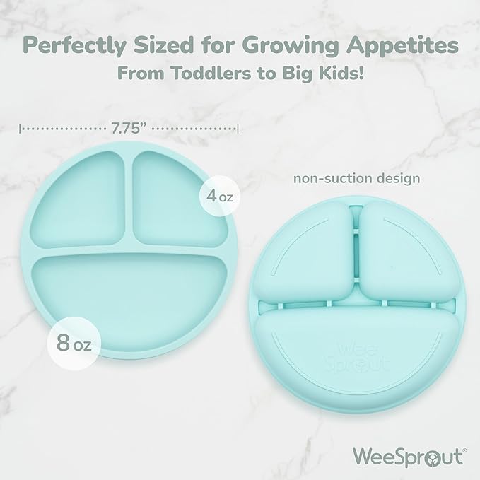 WeeSprout Silicone Plates with Lids for Babies & Toddlers (3 Pack) 100% Food-Grade Dishes for Self Feeding, Divided Design & Raised Edges for Picky Eaters, Dishwasher & Microwave Safe Weaning Supplies